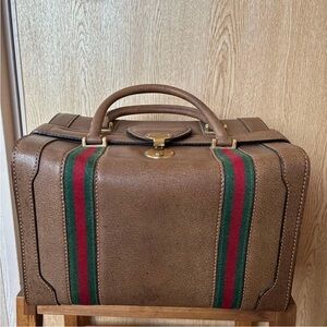Gucci Brown Leather Briefcase with Green and Red Stripes
